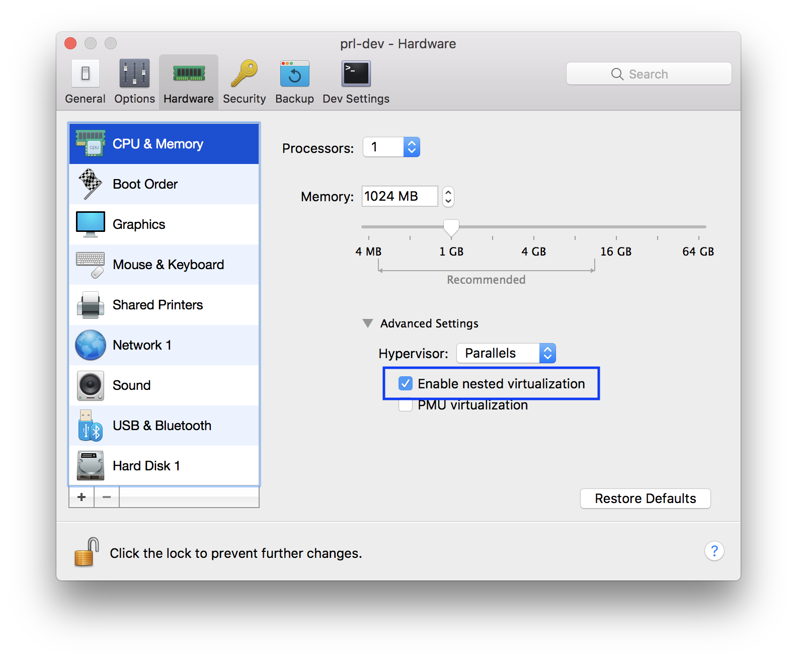 Enable nested virtualization for Parallels Desktop